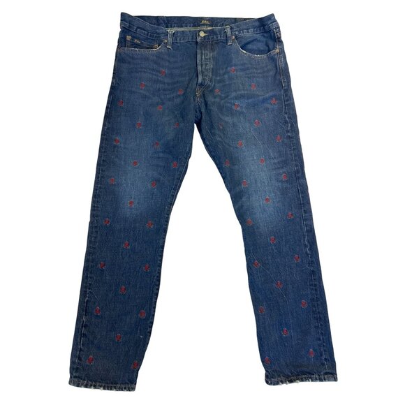 Polo Ralph Lauren Embroidered Skulls Denim Jeans Sullivan Slim Men’s 38x32 Y2K - Picture 2 of 16